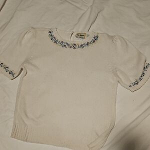 Vintage L.L.Bean Hand Embroidered Floral Sweater Cream Cotton Cottagecore